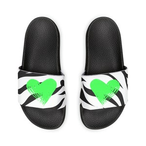 Weiße Tiger Streifen Sandalen mit Neon Grünen Herz Slide - on Sandalen Schwarz & Weiß Animal Print Jungle Cat Print Strand Flip Flops Retro Wild