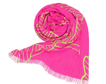Jamboree Jungle Scarf Neon Pink Leaves Scarf Hot Pink Scarf Bubblegum & Lime Scarf Beach Shawl Travel Shawl Beachy Scarf Pink Tropical Scarf