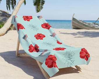 4. Juli in den Tropen Handtuch Blau Strandtuch Inbezug auf den Unabhängigkeitstag Gedenktag Pooltuch Feuerwerk Hibiskus Flaggen Vaterländisches Handtuch