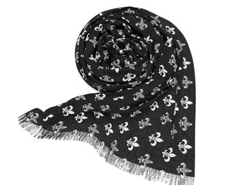 Black & White Fleur De Lis Scarf Light Shawl Preppy Scarf Designer Fleur De Lis Shawl Light Scarf Chic Lux Scarf Fashion Scarf Luxury Scarf