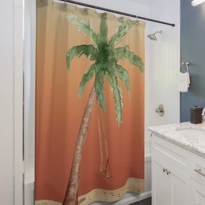 Peaceful Palms Shower Curtain Vintage Beach Shower Curtain Swing in the Sunset Curtain Tropical Bathroom Island Shower Curtain Home Decor