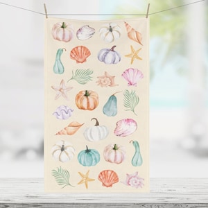 Pumpkin Medley & Sea Shells Kitchen Towel Absorbent Hand Towel Beach Kitchen Autumn Seashells Starfish Fall Gourds Housewarming Gift Tea