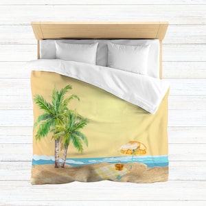 Sunburst Beach Duvet Cover Vintage Beach Soft Comforter Yellow Ombré Palms and Sunbrella Island Tropical Vacation Bedroom Palm Tree Picnic