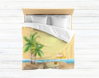 Sunburst Beach Duvet Cover Vintage Beach Soft Comforter Yellow Ombré Palms and Sunbrella Island Tropical Vacation Bedroom Palm Tree Picnic