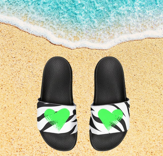 White Tiger Stripes Sandals With Neon Green Heart Slide - on  display picture 1