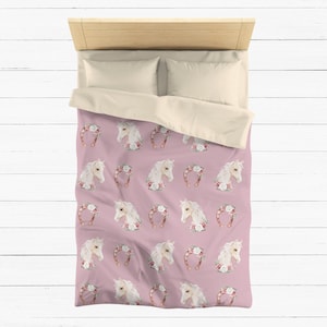 White Horses Duvet Cover Floral Bedding Horse Lover Comforter Cover Flowers Horseshoe Country Chic Bedding Girl&#39;s Equestrian Bedroom 4 sizes
