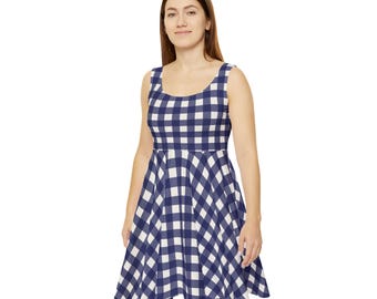 Chic Navy Blue and Cream Gingham Dress Women's Classy Dress Plaid Dress Checkered Dress Gingham Outfit Office Everyday Wear Party Dress