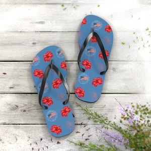 4th of July in the Tropics Festive Flip Flops Summer Sandal Memorial Independence Day Red White Blue Fireworks Hibiscus American Flag Sandal
