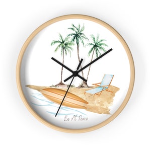 Peaceful Palms Clock Vintage Beach Wall Clock Be At Peace Palm Tree & Surfboard Clock Island Time Tropical Beach Clock Beach House Clock