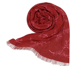 Cherry Blossom Scarf Light Shawl Red Floral Scarf Cherry Blossom Shawl Botanical Scarf Light Scarf Luxury Scarf Trendy Scarf Designer Scarf