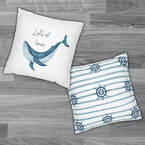 Capa de almofada com música de baleia azul, muito amor, fronha quadrada marítima, âncoras, alto mar, quarto de crianças e bebê, fronha de baleia, oceano, 4 tamanhos