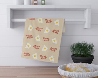 Toalla de cocina de huevos y tocino, toalla de mano absorbente, cocina de granja, desayuno familiar cocinado en casa, regalo de inauguración de la casa Beige, toalla de té