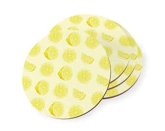 Lovely Lemons Coaster Fresh Fruit Coaster Cork Back Drink Coaster (4) Hot & Cold Beverage Coaster Party Coaster Lemon Home Kitchen Decor