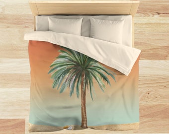 Peaceful Palms Duvet Cover Vintage Beach Soft Comforter Coconut Palm Tree Red Sunset Ocean Island Tropical Vacation Boho Bedroom 4 sizes