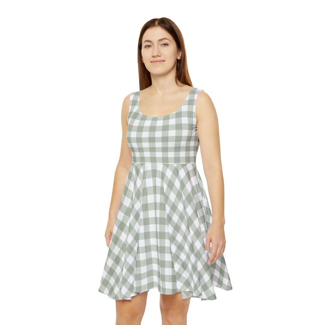 Chic Sage Green and White Gingham Dress Women's Classy Dress Plaid Dress Checkered Dress Gingham Outfit Office Everyday Wear Party Dress