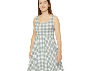 Vestido elegante de cuadros vichy verde salvia y blanco para mujer, vestido elegante a cuadros, vestido a cuadros, atuendo de cuadros vichy, ropa de oficina, ropa de diario, vestido de fiesta