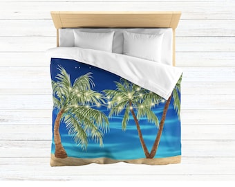 Starry Beach Sky Duvet Cover Vintage Beach Soft Comforter Palms Lights Island Dreamy Tropical Vacation Boho Bedroom Palm Tree Cover 4 sizes