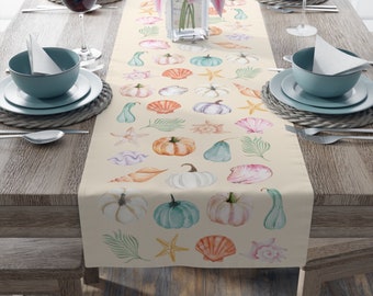 Pumpkin Medley & Sea Shells Fall Table Runner Autumn Seashells Pumpkins Palms Starfish Soft Beachy Table Runner Beach Wedding Party Brunch