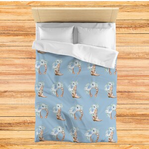 Cowgirl Boots Duvet Cover Floral Bedding Horse Lover Comforter Cover Flower Horseshoe Country Chic Bedding Girl&#39;s Equestrian Bedroom 4 sizes