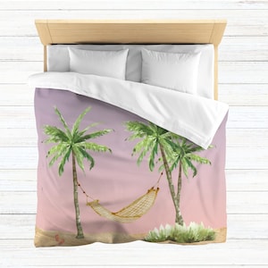 Blush Beach Duvet Cover Vintage Beach Soft Comforter Rose Ombré Palm Hammock Island Tropical Vacation Bedroom Purple Dream Pink Sunset Duvet