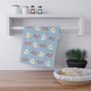 Eggs & Bacon Kitchen Towel Absorbent Hand Towel Farmhouse Kitchen Home Cooked Family Breakfast Light Blue Housewarming Gift Tea Towel