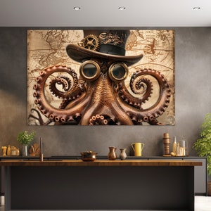 Octopus in a Hat Abstract Canvas Print, Octopus Wall Art, Octopus Painting, Octopus Poster, Kitchen Wall Decor, Underwater Canvas Art