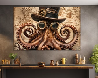 Octopus in a Hat Abstract Canvas Print, Octopus Wall Art