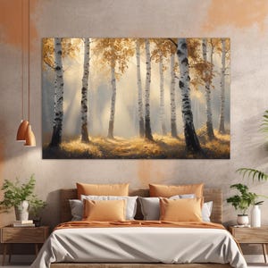 Stampa su tela Misty Autumn Birch Grove, arte murale della foresta di betulle, dipinto di Betulle Grove, poster di paesaggi naturali panoramici