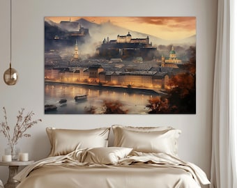 Misty Salzburg Canvas Print, Salzburg Painting, Salzburg Wall Art, Austria