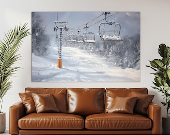 Impresión en lienzo de teleférico, arte en lienzo de telesilla, arte mural de esquí