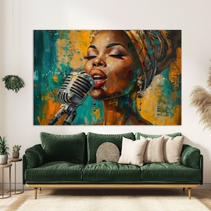 Linda pintura a óleo de cantor de jazz africano, impressão em tela, impressão de cantora de mulher negra, arte de parede de jazz, decoração de parede de clube de jazz