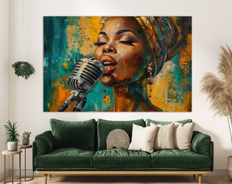 Beautiful African Jazz Singer Oil Painting Canvas Print, Black Woman Singer Print, Jazz Wall Art, Jazz Club Wall Decor