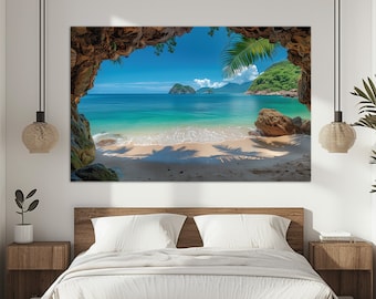 Beach Canvas Painting, Tropical Beach Painting, Sea Waves Canvas Painting, Bedroom Wall Decor, Framed and Ready to Hang , Ocean Beach