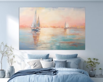 Sailboats Abstract Painting Canvas Print, Pastel Colors Wall Art, Sea Oil Painting, Sailing Wall Art