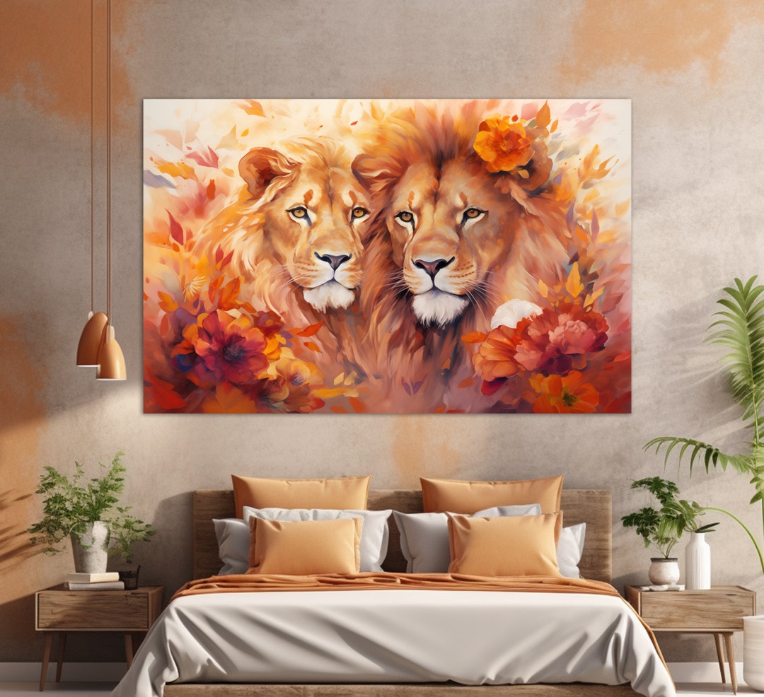 Lions Wall Art, Lions Canvas Print, Lion and Lioness Painting, Romantic ...