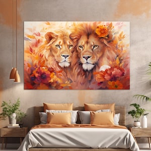 Lions Wall Art, Lions Canvas Print, Lion and Lioness Painting, Romantic Wall Art