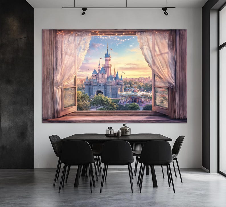 May include: A large framed canvas print depicts a picturesque view of a fairytale castle through an open window. The scene includes a carousel, trees, and a sunset sky. Soft, sheer curtains frame the window, adding a touch of elegance to the artwork.