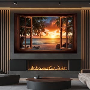 Fenster zu atemberaubendem Sonnenuntergang am Strand Leinwanddruck, Wandkunst des offenen Fensters, Strand-Sonnenuntergang-Leinwandkunst