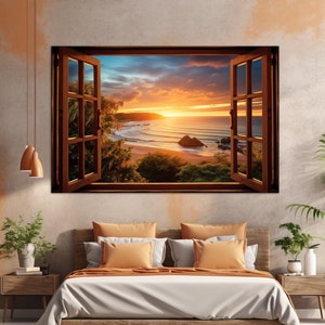 Window to Scenic Beach Sunset Canvas Print, Open Window Wall Art, Beach Canvas Art