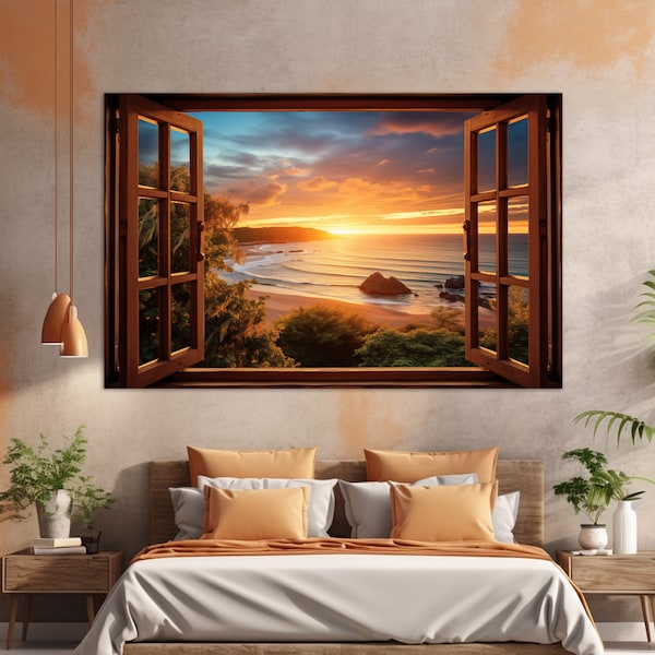 Impression sur toile de fenêtre donnant sur une plage pittoresque coucher de soleil, oeuvre d'art murale fenêtre ouverte, oeuvre d'art sur toile plage