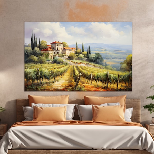 Vineyards in Tuscany Oil Painting Canvas Print, Tuscany Wall Art, Tuscany Landscape, Italy