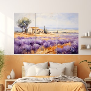 May include: A painting depicting a lavender field with a small house in the distance. The sky is blue with white clouds. The lavender is in full bloom, showcasing vibrant colours.