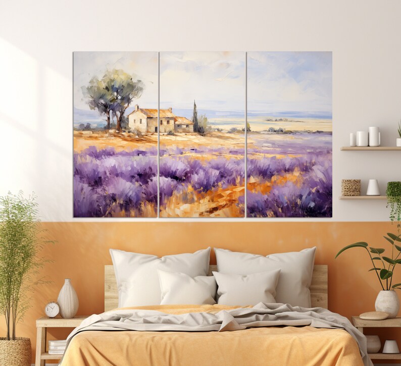 May include: A painting depicting a lavender field with a small house in the distance. The sky is blue with white clouds. The lavender is in full bloom, showcasing vibrant colours.