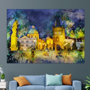 Charles Bridge in Prague Abstract Canvas Print, Prague Painting, Prague Wall Art