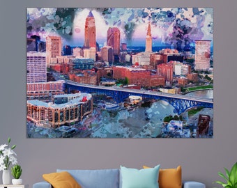 Abstract Cleveland Canvas Print, Cleveland Skyline, Cleveland Painting, Cleveland Wall Art