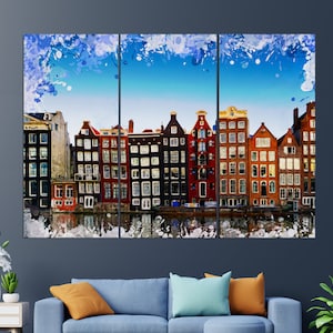 Amsterdam Houses Canvas Print, Amsterdam Painting, Amsterdam Wall Art, Netherlands Canvas Art