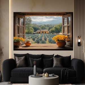 Impresión en lienzo de una plantación de agave, arte mural de agave, pintura de ventana falsa, decoración de pared mexicana, arte mural rústico en lienzo.