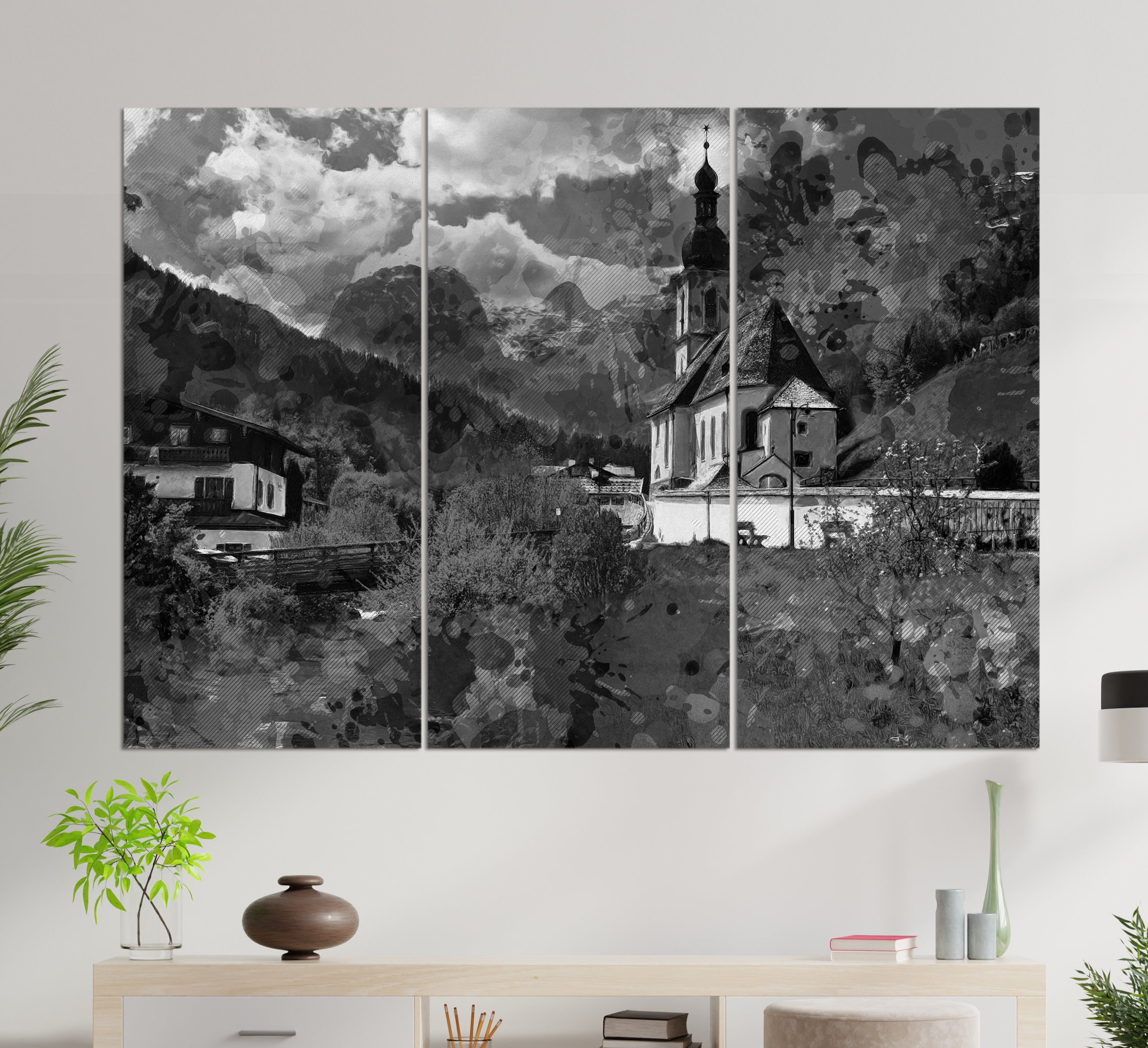 Pfarrkirche St. Sebastian in Ramsau bei Berchtesgaden Leinwand Druck,  Berchtesgaden Malerei, Berchtesgaden Wandkunst, Deutschland Leinwand Kunst