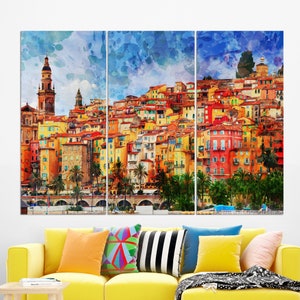 Menton, French Riviera Canvas Print, Menton Painting, Menton Print, French Wall Art, French Riviera Canvas Art
