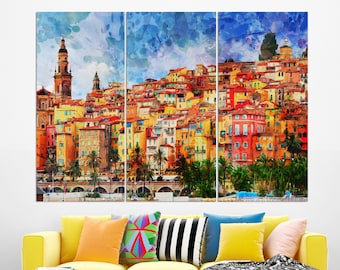 Menton, French Riviera Canvas Print, Menton Painting, Menton Print, French Wall Art, French Riviera Canvas Art